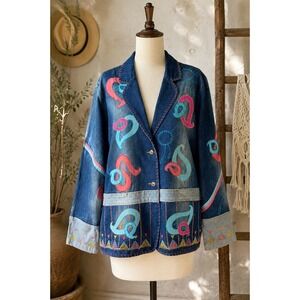 Wearable Art Embroidered Denim Blazer 1X Boho Paisley Statement Jacket